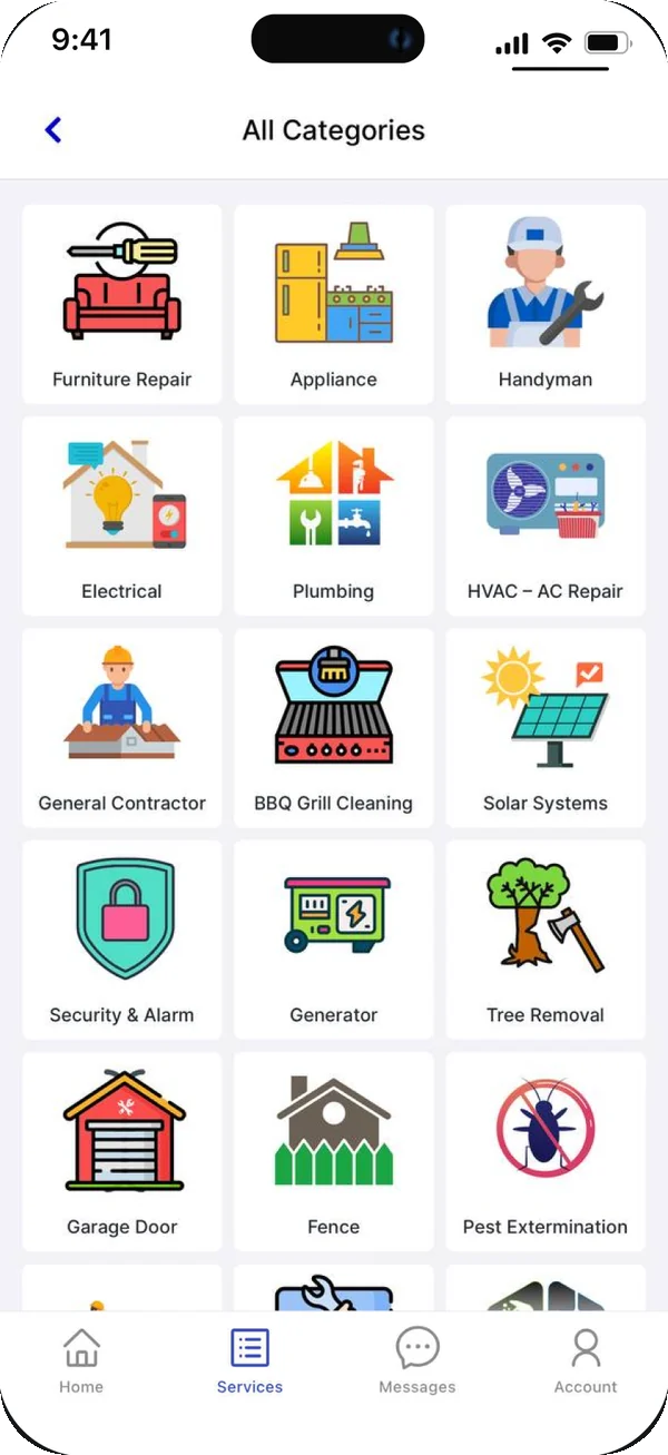 The ServiceJan app's All Categories screen: furniture repair, appliance, handyman, electrical, plumbing, HVAC and more
