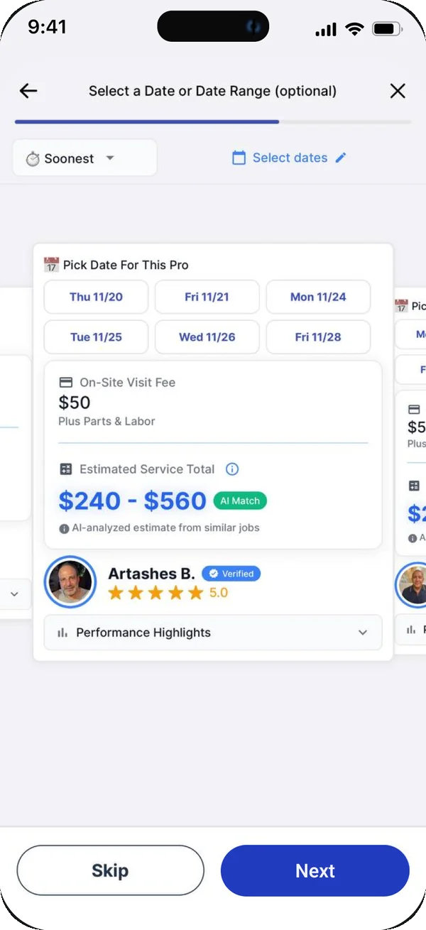 Picking a date for a provider in the ServiceJan app, with the on-site visit fee and an estimated service total from similar jobs